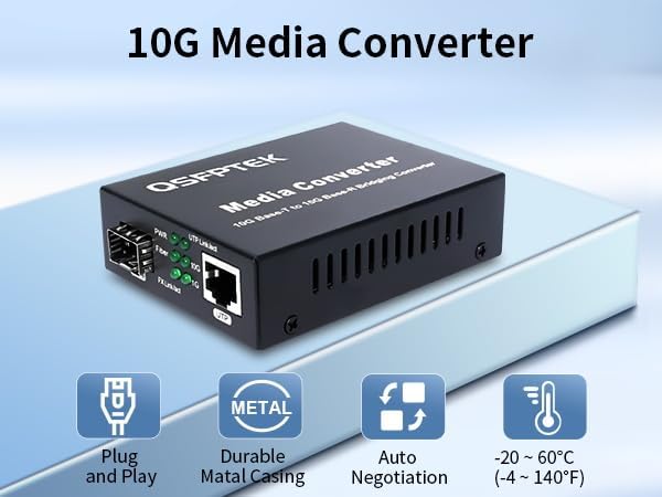 QSFPTEK 10G Media Coverter, 10 Gigabit Fiber to 10G Copper UTP Ethernet Media Converter, Unmanaged 1