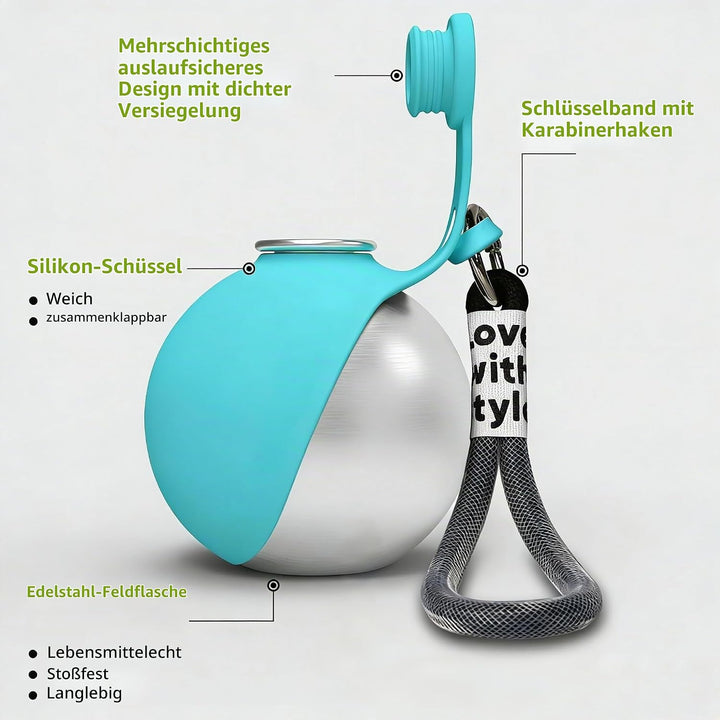 Trinkflasche Hunde für Unterwegs, 285 ml Edelstahl Hunde Trinkflasche mit Faltbarem Silikonnapf, Aus
