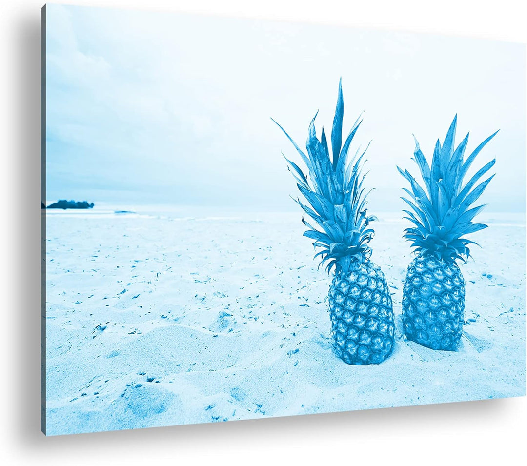 deyoli Ananas am Sandstrand Format: 80x60 Effekt: Monocrome Blau als Leinwandbild, Motiv fertig gera