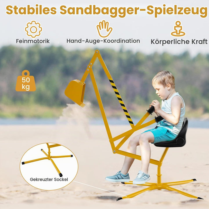 DREAMADE Kinder Bagger für Sandkasten, Metallbagger mit 360° drehbarem Sitz, Flexibler Schaufel, erg