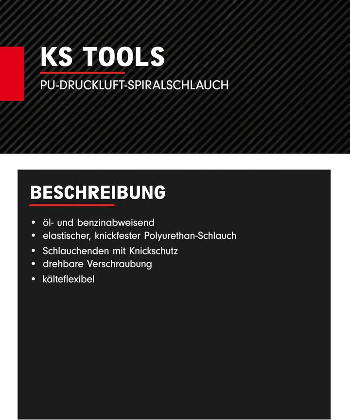 KS Tools Spiralschlauch Druckluft 515.3340 Ø 10mm I 15m langer, elastischer PU-Druckluftschlauch mit