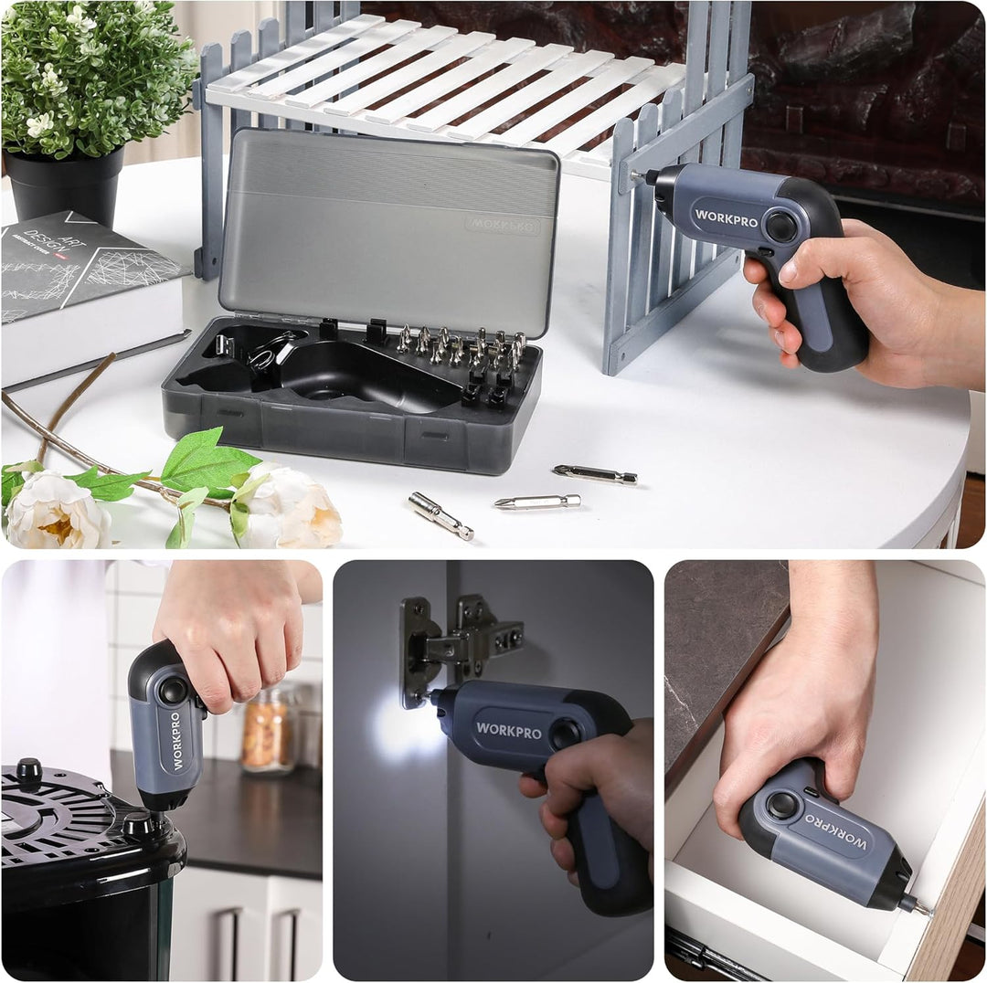 WORKPRO Akkuschrauber Set 3,6V, Exzentrischer Schraubendreher, mit 21 Bits und Verlängerungsstange,