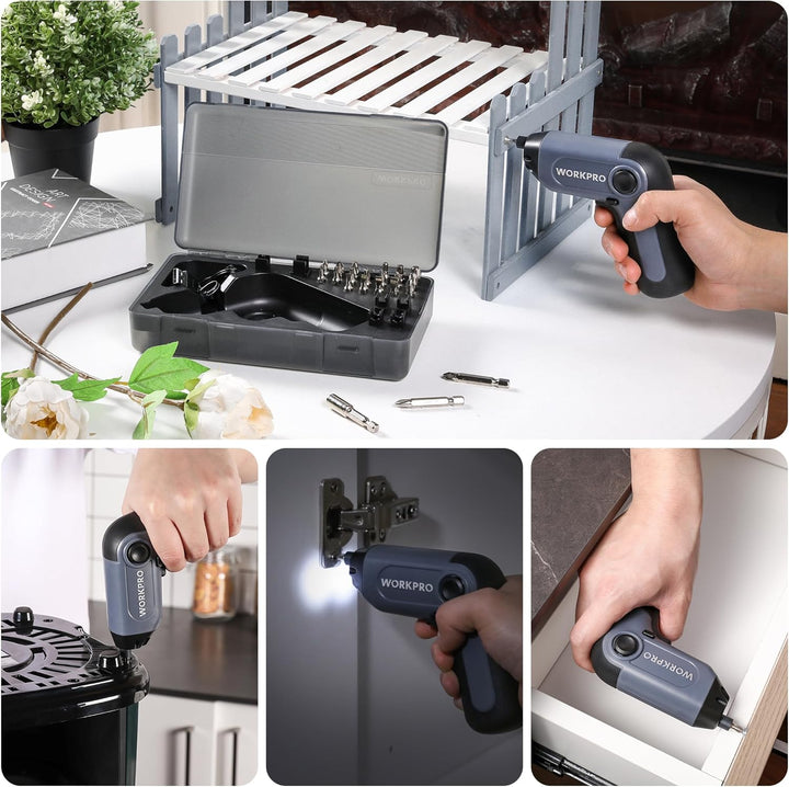 WORKPRO Akkuschrauber Set 3,6V, Exzentrischer Schraubendreher, mit 21 Bits und Verlängerungsstange,