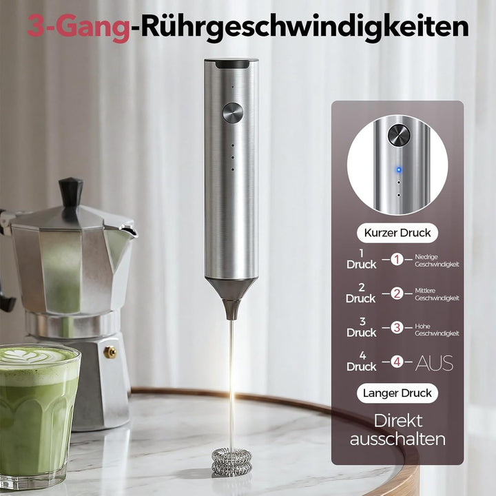 YARRAMATE Edelstahl Akku Handheld Milchaufschäumer Mit Ständer – Elektrischer 3-Gang Rührstab Mit 2