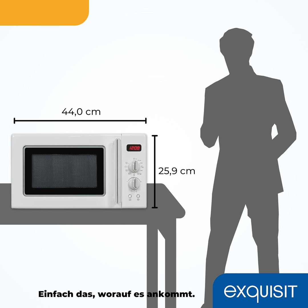 Exquisit Retro-Mikrowelle 700 Watt, 25,5 cm Drehteller, 1000 Watt Grill, 20L, 5 Leistungsstufen, Tim