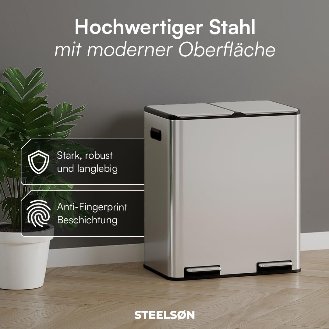 STEELSØN Elyron Mülleimer 2 Fächer – Mülltrennsystem Küche 2x30L aus Edelstahl Silber – Tretmülleime