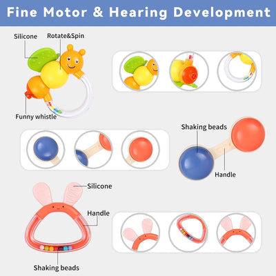 MOONTOY Baby Rassel BeissRing Set Baby Spielzeug ab 0 1 2 3 4 5 6 7 8 9 10 11 12 Monate, 9PCS Shaker
