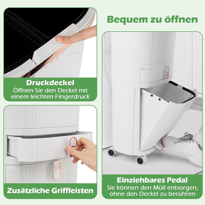 COSTWAY Mülleimer Küche, Mülltrennsystem 3 Fächer, 2 x 12L Inneneimer & 14L Treteimer, Abfalleimer m