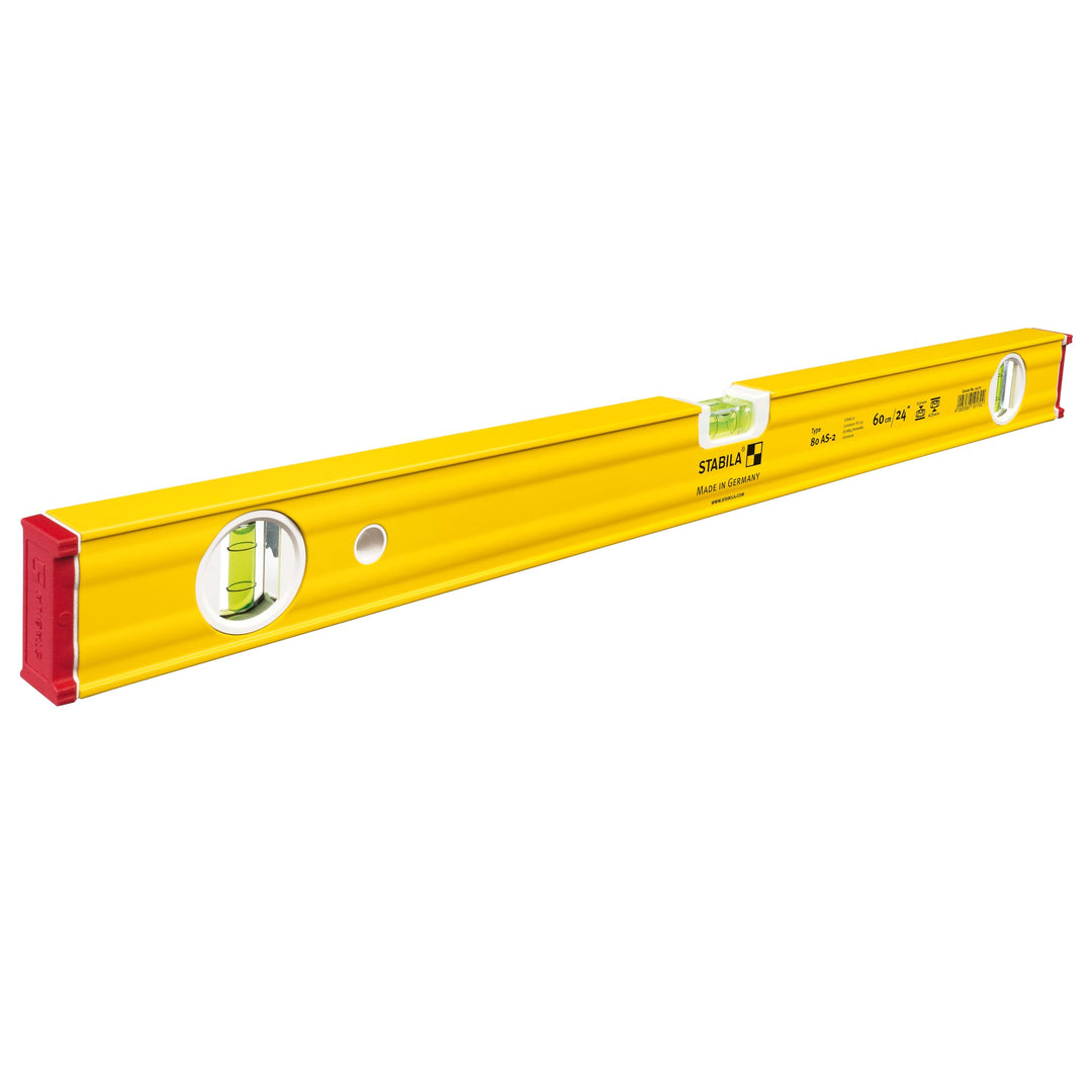 STABILA Wasserwaage Type 80 AS-2, 60 cm, verstärktes Alu-Profil, 1 Horizontal-Libelle, 2 Vertikal-Li