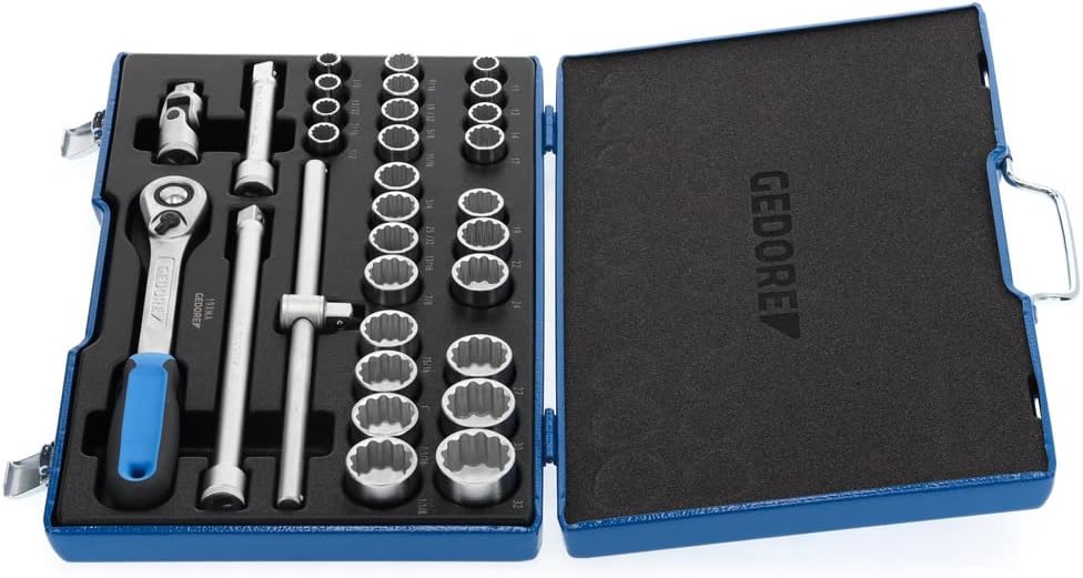 GEDORE Steckschlüsselsatz, Set 31tlg,12-kant, 1/2 Zoll, Werkzeug, Knarre Umschalthebel Inbus, für KF