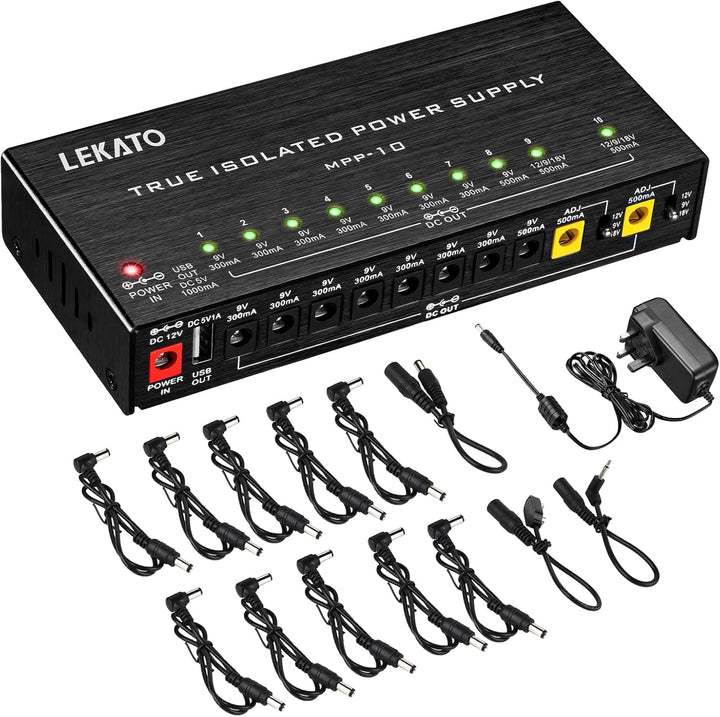 LEKATO Gitarre Pedal Netzteil, 10 Isolierte Ausgang für 9V/12V/18V, Effektpedal-Netzteil für E-Gitar