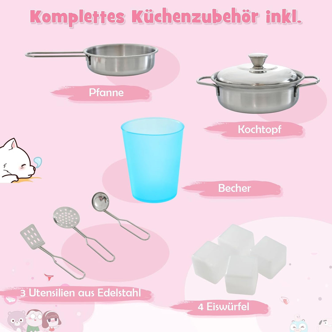 DREAMADE Kinderküche Holz mit Zubehör, Kinderspielküche Holzküche mit Herd Geschirrspüler Eismaschin