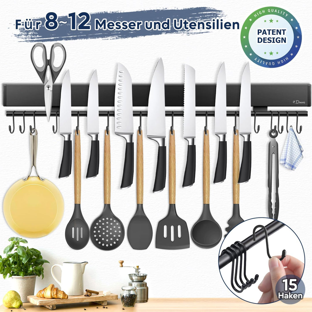 Dmore 59 cm Magnetleiste Messer mit 15 Haken, schwarzer Messerhalter magnetisch mit Hakenleiste, ext