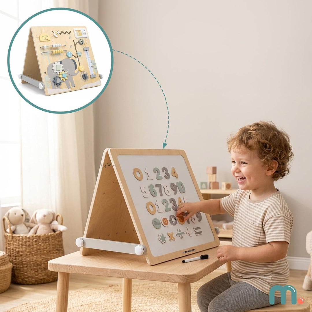 mamabrum Doppelseitige Holz Lerntafel 2in1 für Kinder, Montessori Spielzeug mit Magnettafel und Sens
