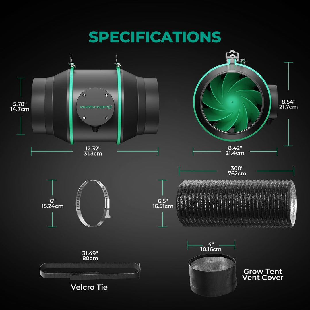 MARS HYDRO 6 Inch 350CFM Inline Fan with Speed Controller, Carbon Filter, and 33 Feet of Ducting Com