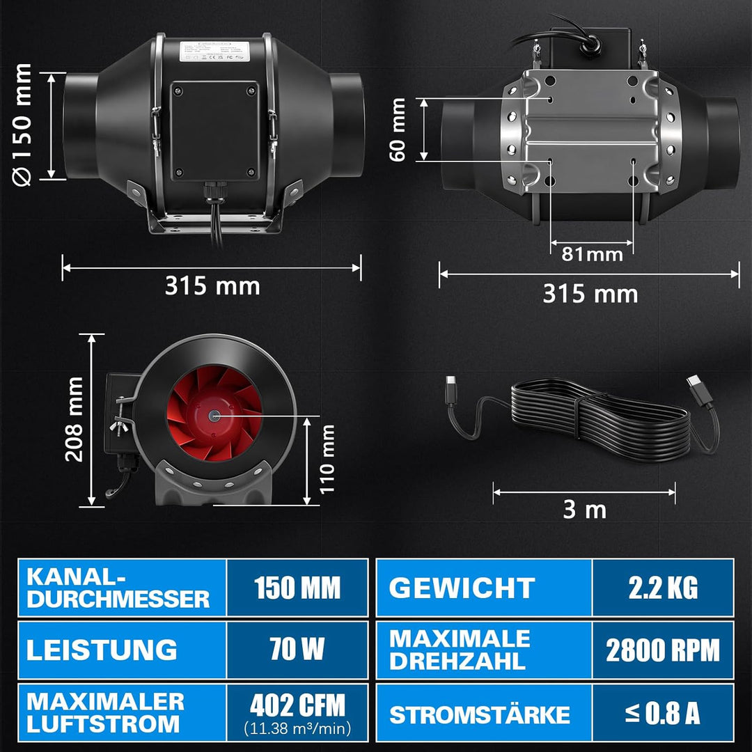 Regelbar Rohrventilator 150mm mit Inverter-EC-Motor, 683m³/h 2800 RPM Inliner Abluftventilator mit D
