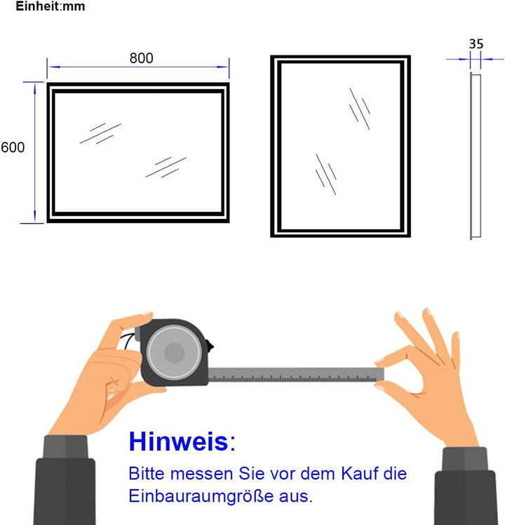 EMKE LED Badspiegel 80x60cm Badspiegel mit Beleuchtung Warmweiss Lichtspiegel Badezimmerspiegel Wand