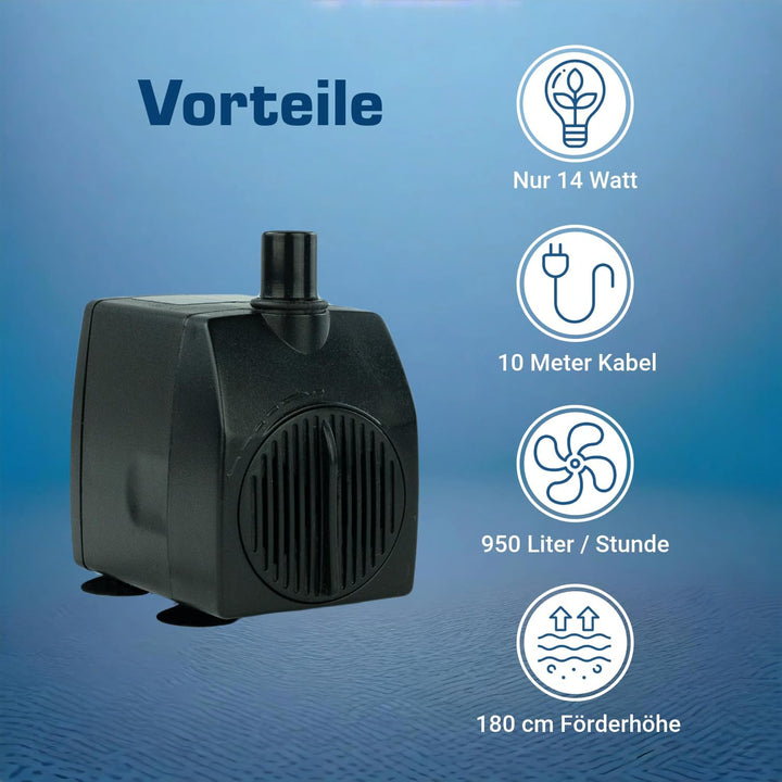 Wasserpumpe 230 V – 950 L/H, nur 14 Watt, 10m Kabel, 180 cm Förderhöhe, Teichpumpe, Aquariumpumpe, W