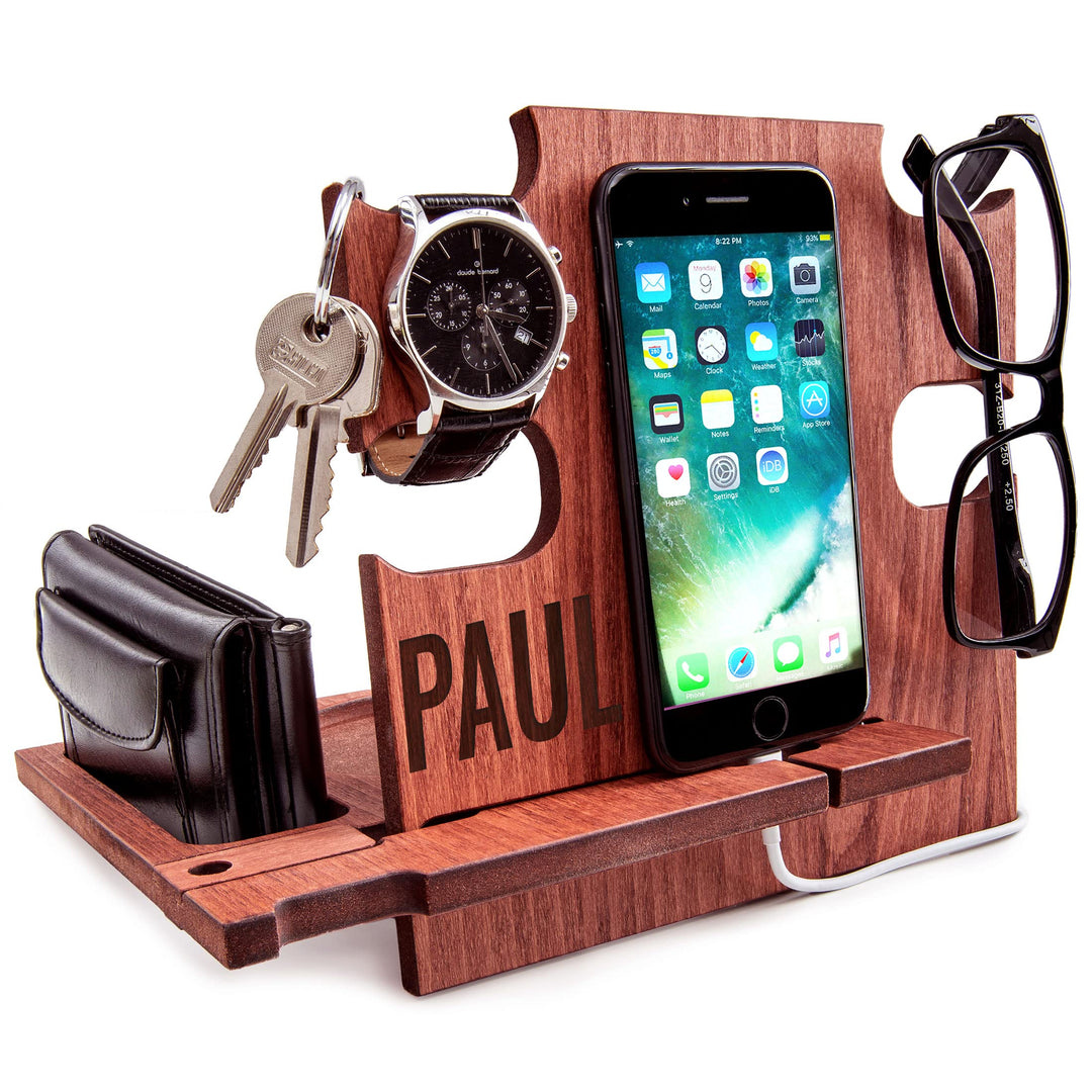 Personalisierte Dockingstation, Smartphone-Ständer - Nachttischhalter aus Holz, Geschenkidee für Män