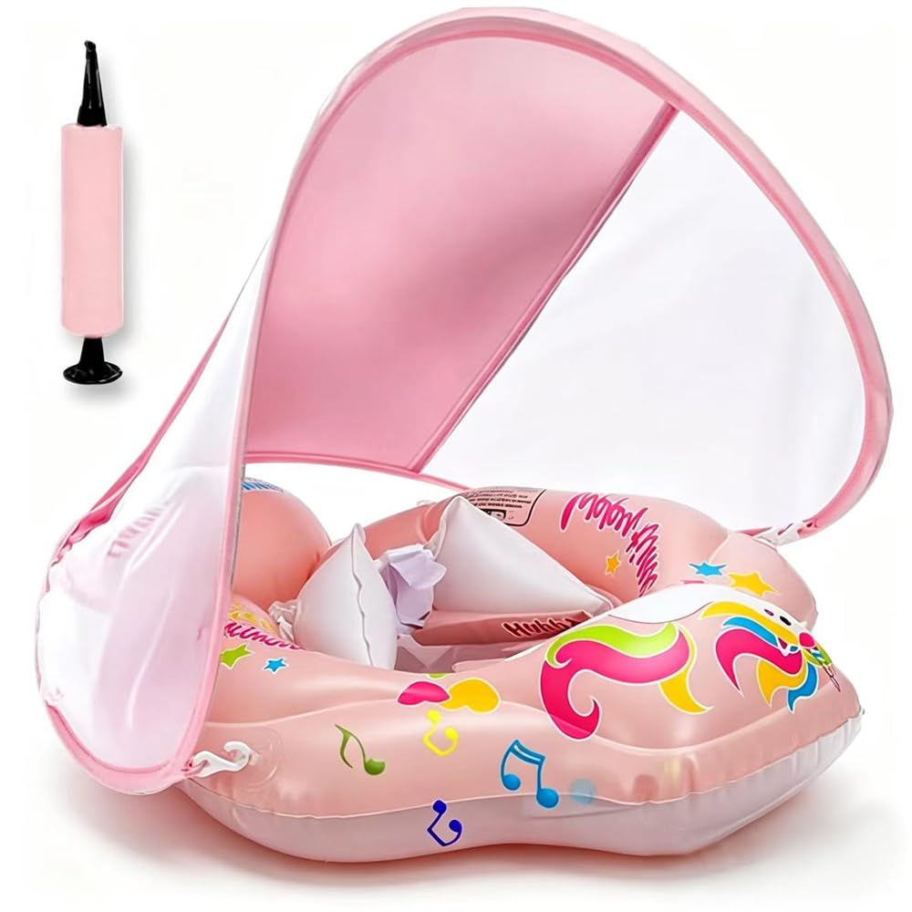 Baby Schwimmring mit abnehmbarem sonnendach,Schwimmhilfe verstellbare Schultergurte Blau, Blau