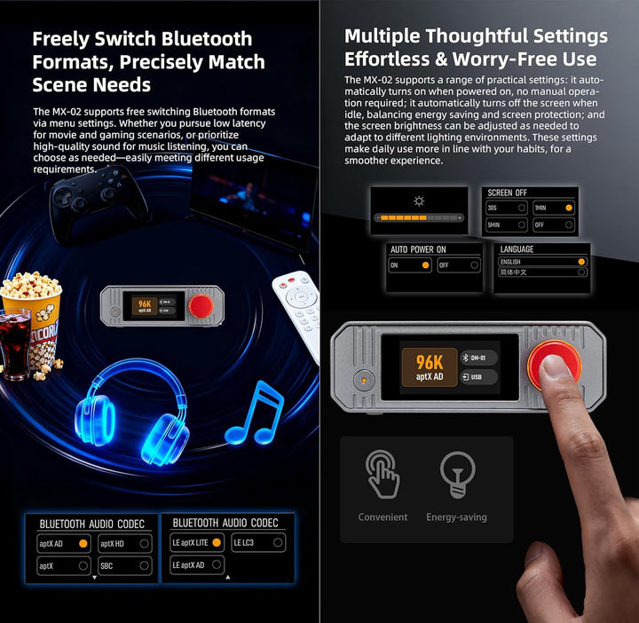 xDuoo MX-02 HD Bluetooth 5.4 Audio-Sender – LE Audio und aptX Lossless für extrem niedrige Latenz, B