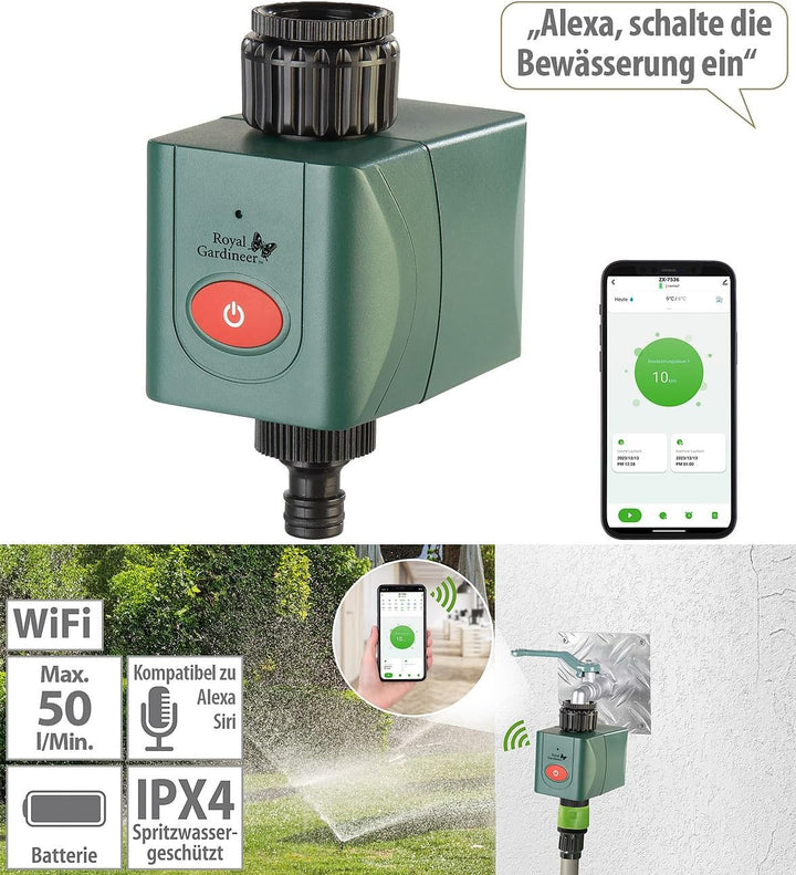 Royal Gardineer Elesion Bewässerung: WLAN-Bewässerungscomputer mit Ventil, Wetterdatenabgleich per A