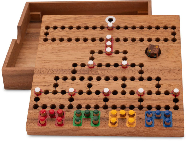 LOGOPLAY Blockade Reisespiel im Holzkasten - 18cm x 18cm - Würfelspiel - Strategiespiel - Gesellscha
