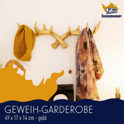 Hansmeier® Geweih Wandgarderobe Kleiderhaken Garderobenhaken | Gold | Für Aussen, Innen, Balkon & Ga