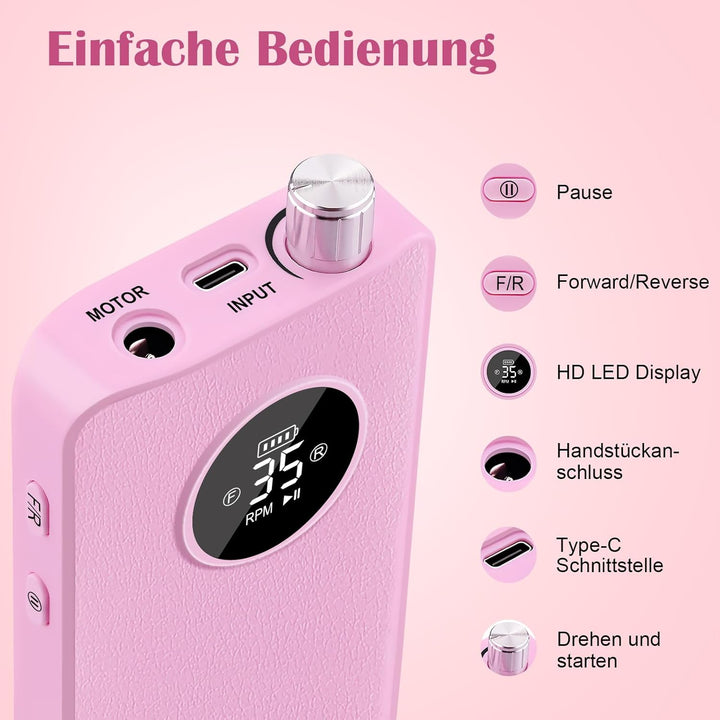 Nagelfräser 35000RPM für Gelnägel, Wiederaufladbarer Elektrischer Nagelfräser mit LED-Anzeige, Tragb