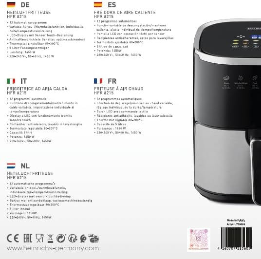 HEINRICHS Heissluftfritteuse, 5 Liter XL Air Fryer, 12in1 Heissluftfritteuse, LED-Display mit Sensor
