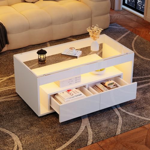 Merax LED Couchtisch – Moderner Wohnzimmertisch in Hochglanzweiss mit App-gesteuerter Beleuchtung, S