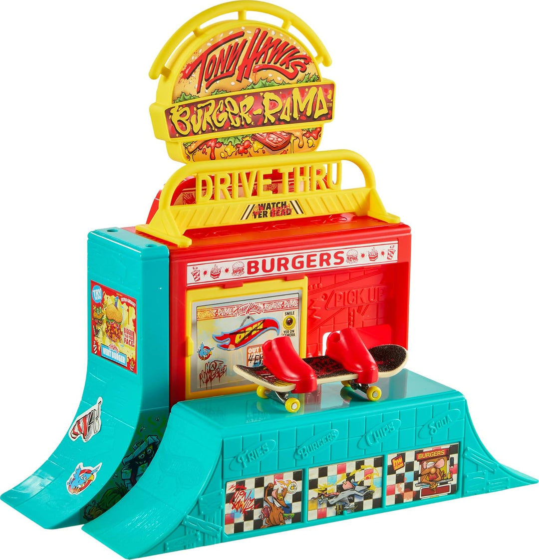 Hot Wheels Skate Spielset mit exklusivem Fingerboard und einem Paar Schuhe, Burger Spot Skate-Set mi