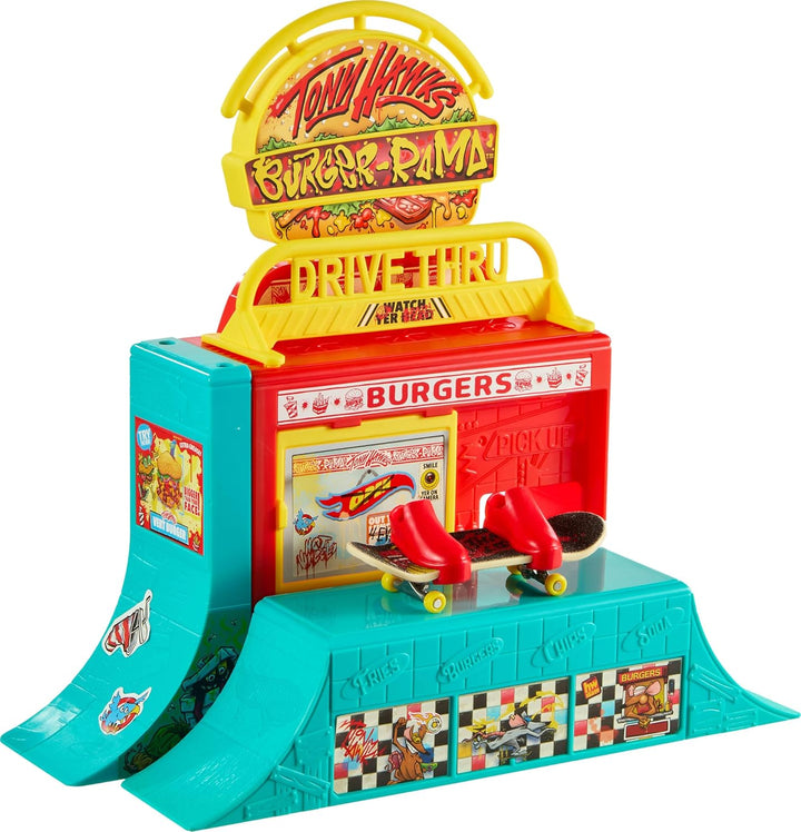 Hot Wheels Skate Spielset mit exklusivem Fingerboard und einem Paar Schuhe, Burger Spot Skate-Set mi