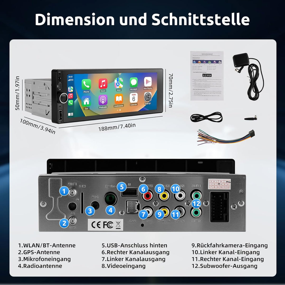 ESSGOO 4+64G Autoradio mit Wireless Carplay und Android Auto, 5, 1Din HD Bildschirm Auto Display Rad