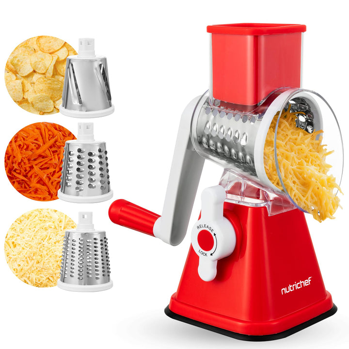 NutriChef 3-in-1 Käsereibe - mit Handkurbel – Kompakte Trommelreibe für Gemüse & Käse – 3 Schneidetr