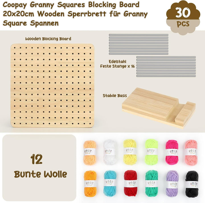 Coopay Granny Square Spanner, Wooden Granny Squares Blocking Board, 20 x 20 cm Sperrbrett Häkeln mit