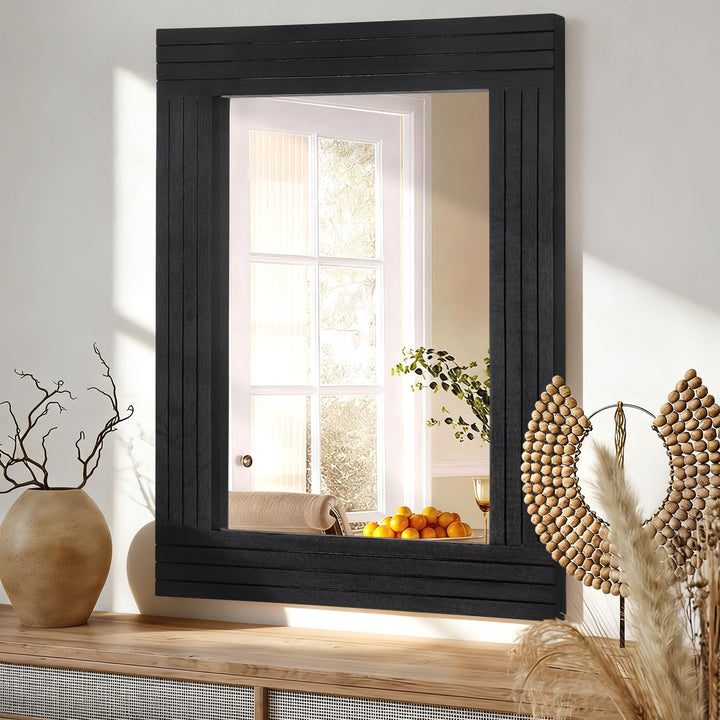 Schwarz Wandspiegel aus Holz, rustikal, gerahmt, rechteckig, antikes Dekor, für Badezimmer, Schlafzi