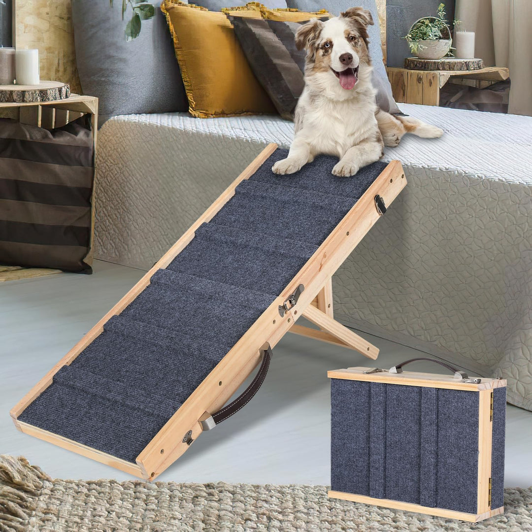 Hunderampe Klappbar Kiefernholz für Kleine, Hunde Haustierrampe mit Rutschfestem Teppich, Vielseitig