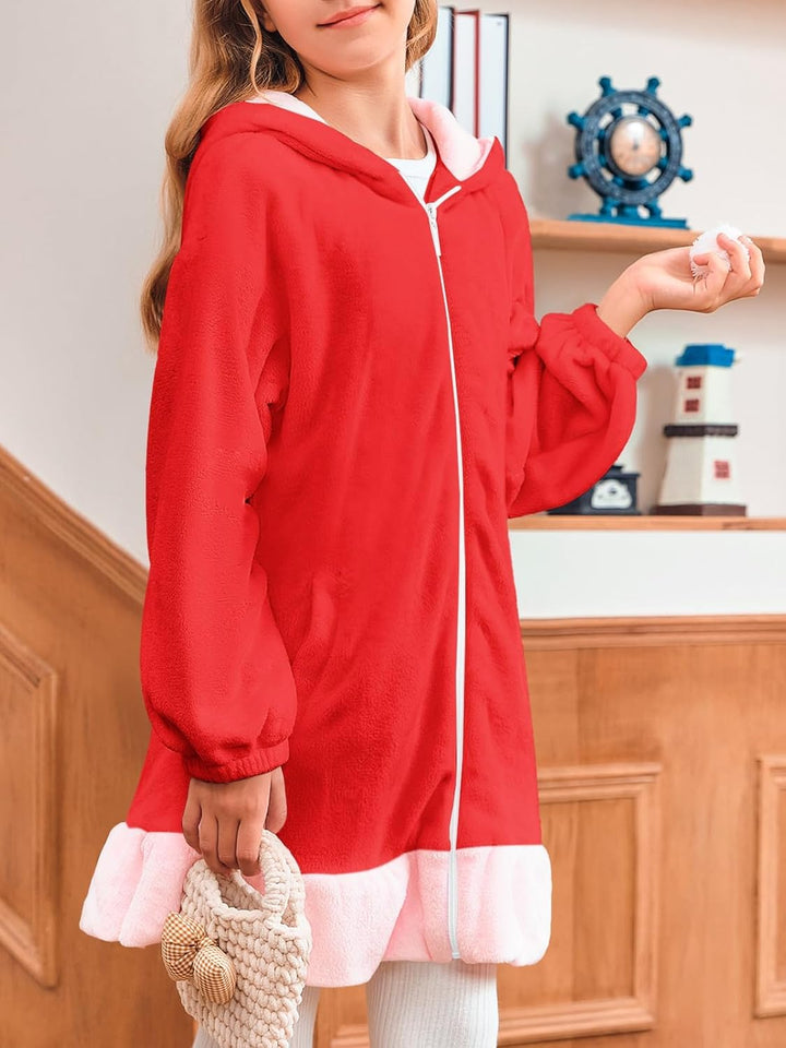 Haloumoning Mädchen Kapuzenjacke Niedlich Fleece Sweatjacke mit Reissverschluss und 2 Taschen Rot 8-