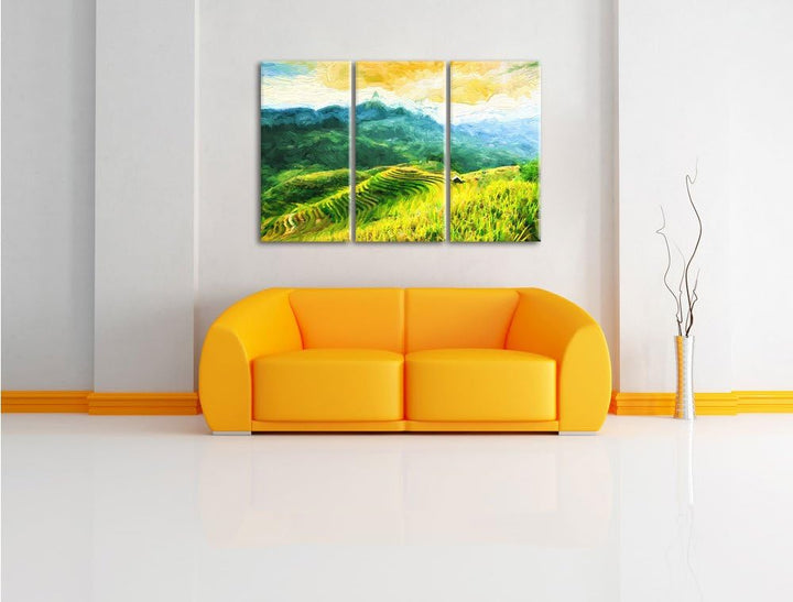 Pixxprint Reisfelder in Vietnam Kunst Pinsel Effekt 3-Teiler Leinwandbild 120x80 Bild auf Leinwand