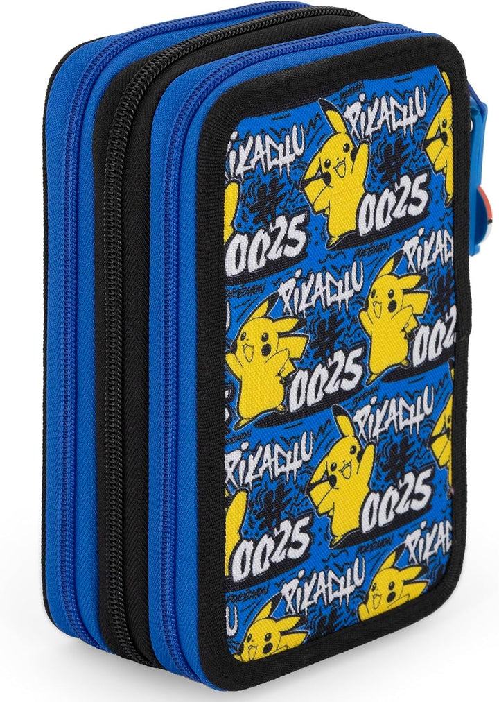 3-Fach Federmäppchen Jungen Gefüllt für Pokemon Fan – Schulmäppchen Set 46 Teile mit Radierbaren Sti
