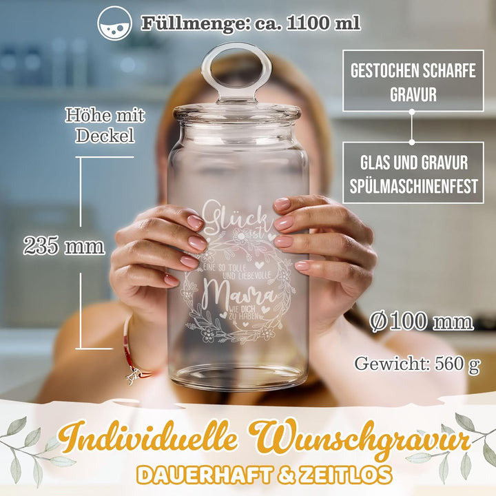 Print Royal PR Keksdose aus Glas mit Gravur - 1100 ml - Glück ist, eine Mama wie dich zu haben - Ges
