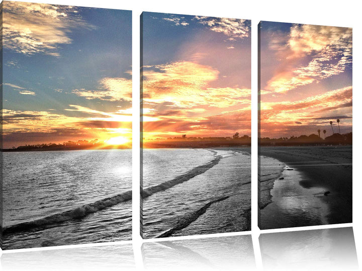 Pixxprint Strand bei Sonnenuntergang als Leinwandbild | Grösse: 3 Teilig (120x80) | Wandbild| Kunstd