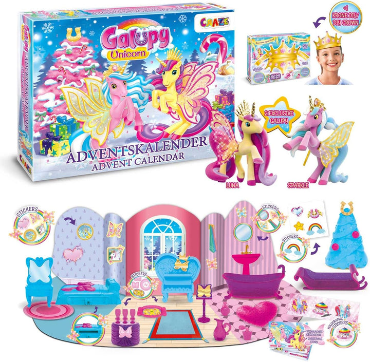 GALUPY UNICORN Adventskalender Kinder - Spielzeug Adventskalender mit 2 Exklusive Einhorn-Figuren Un