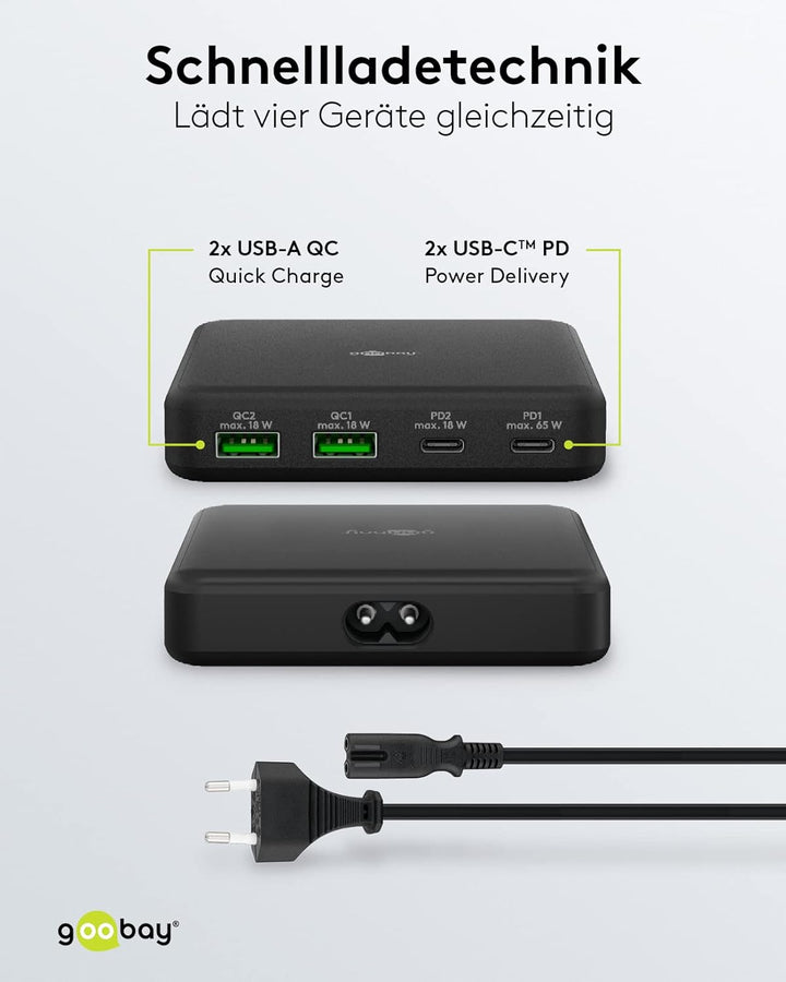 goobay 61772 Multiport 4-Fach USB-C Ladegerät mit 65W Leistung/lädt mehrere Geräte gleichzeitig über