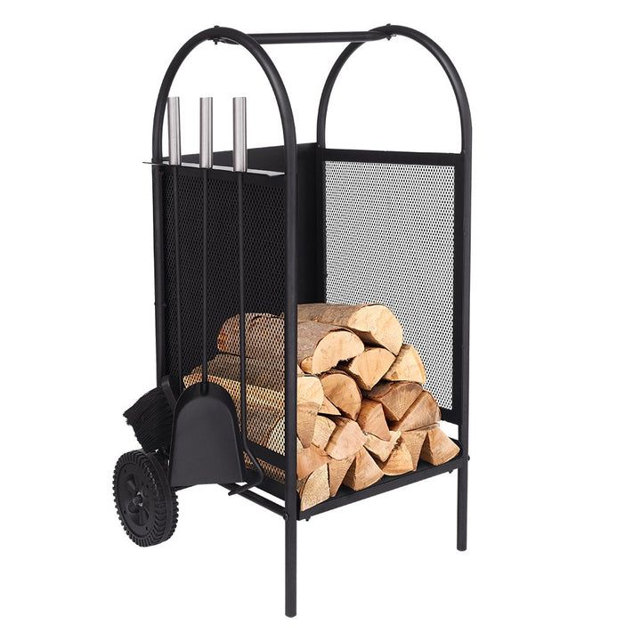 Brennholz Warenkorb mit Rädern, Brennholz Log Rack mit 3 Tools Kamin Log Carriers Inhaber schwarz Sc