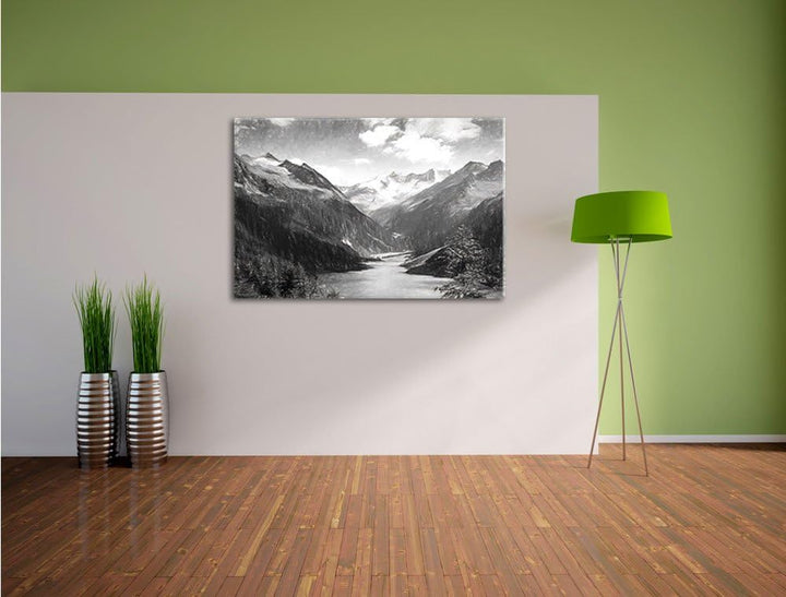 Pixxprint See zwischen Bergen als Leinwandbild/Grösse: 100x70 cm/Wandbild/Kunstdruck/fertig bespannt