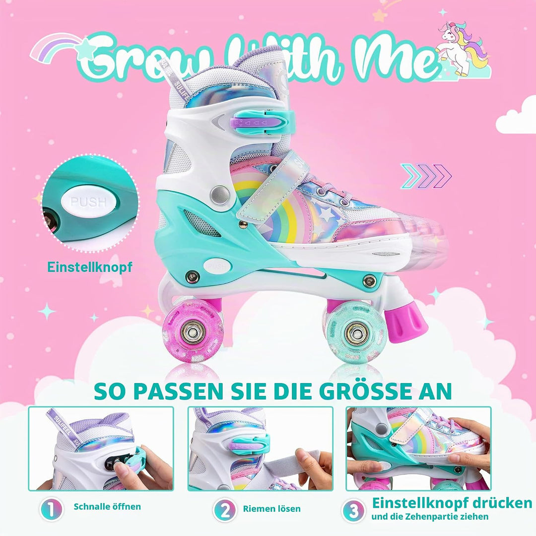 SULIFEEL Rainbow Unicorn Verstellbare Rollschuhe für Kinder mit Leuchtenden Rädern für Mädchen und J