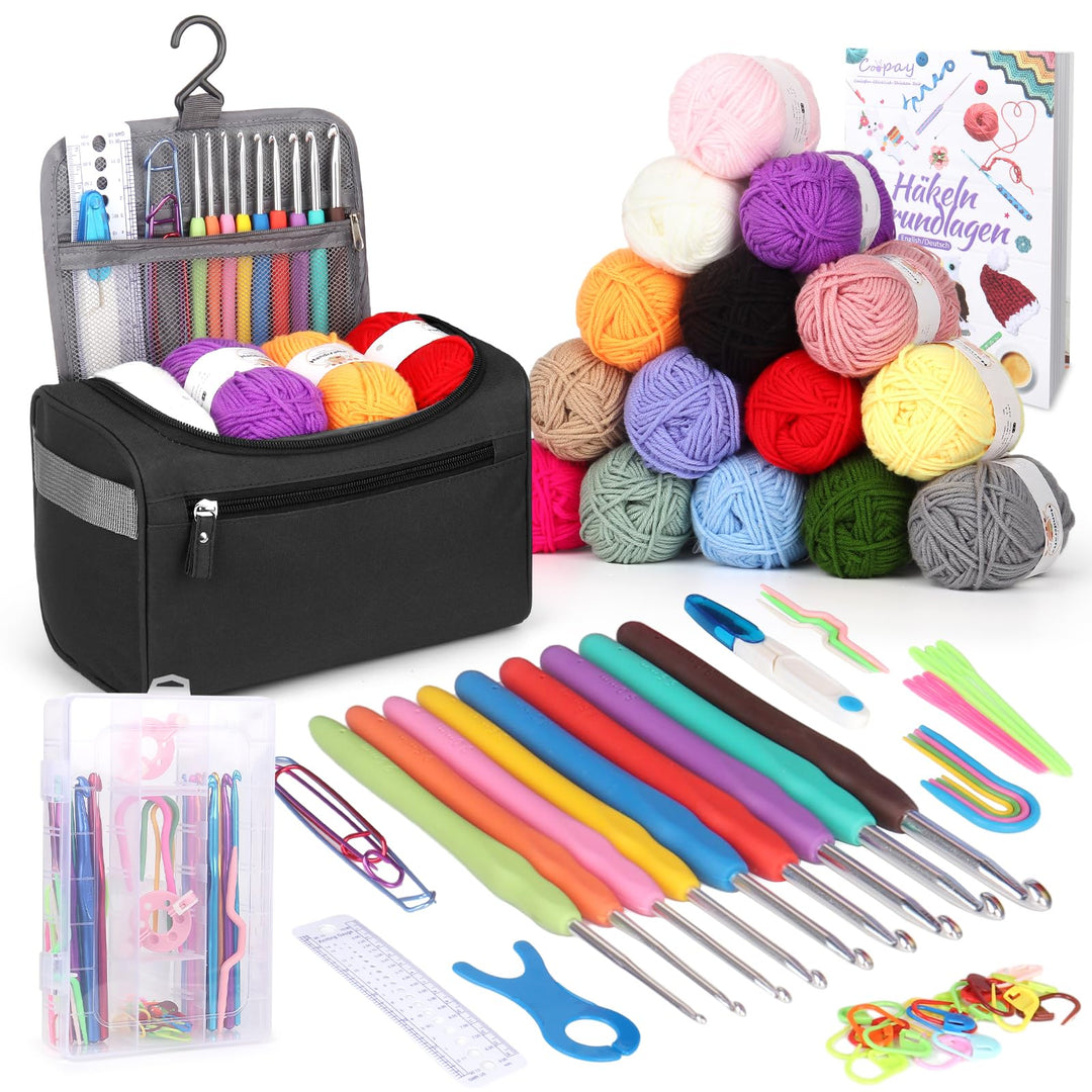 Coopay Tragbar Häkelset für Anfänger, Häkelnadel Set mit 15 Wolle, Tasche, Häkelzubehör, Ergonomisch