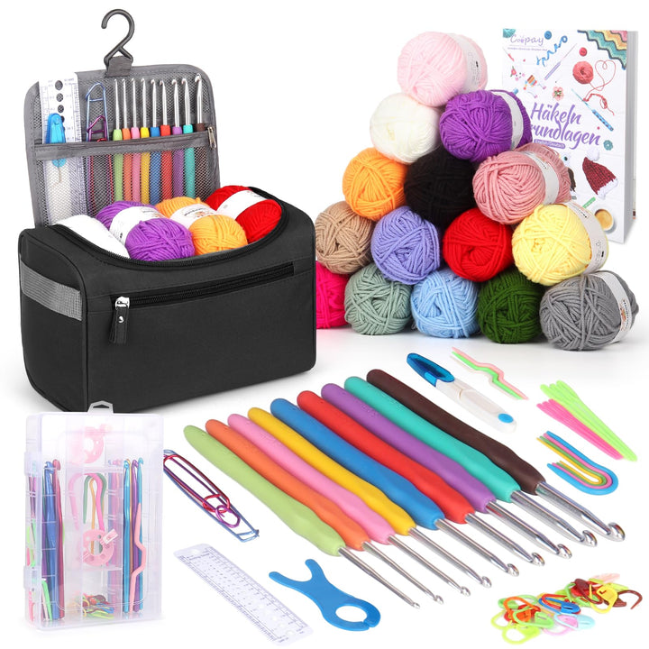Coopay Tragbar Häkelset für Anfänger, Häkelnadel Set mit 15 Wolle, Tasche, Häkelzubehör, Ergonomisch